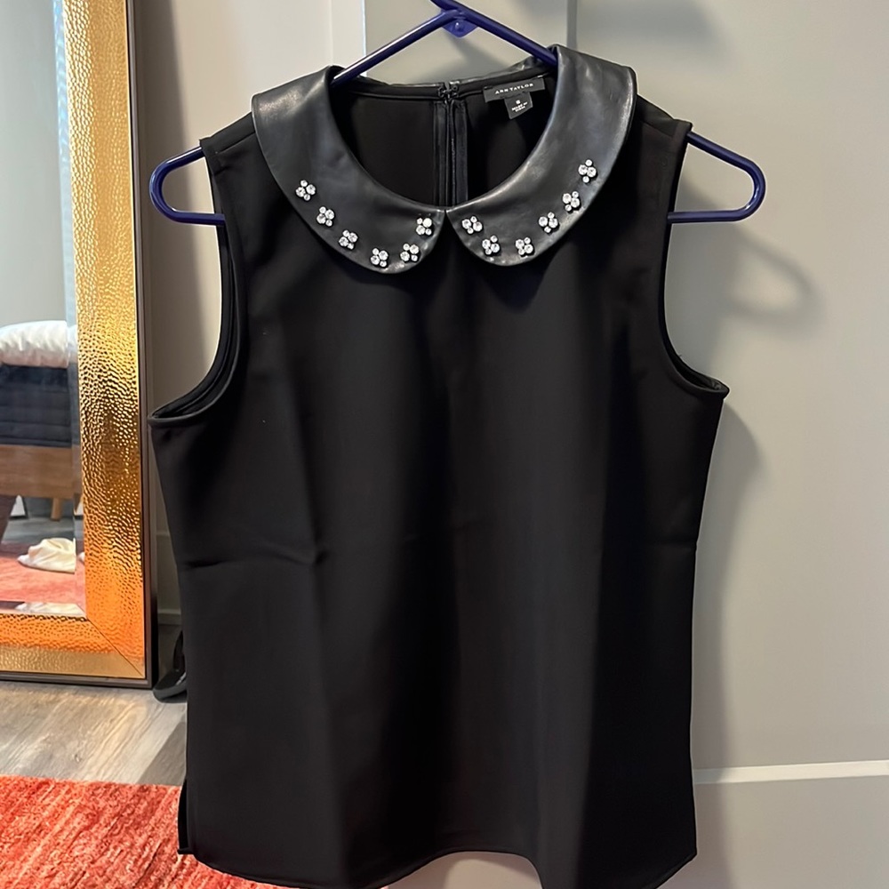 Ann Taylor black leather collar blouse